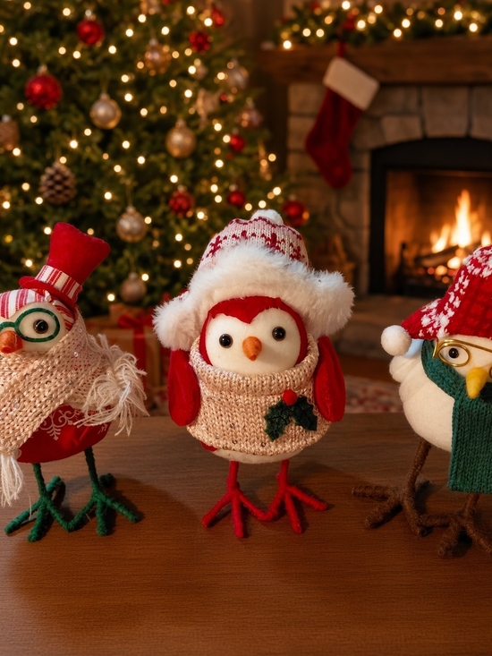 Other - Plush Red Holiday Bird Figurine with Knit Hat and Sweater (PSH1)